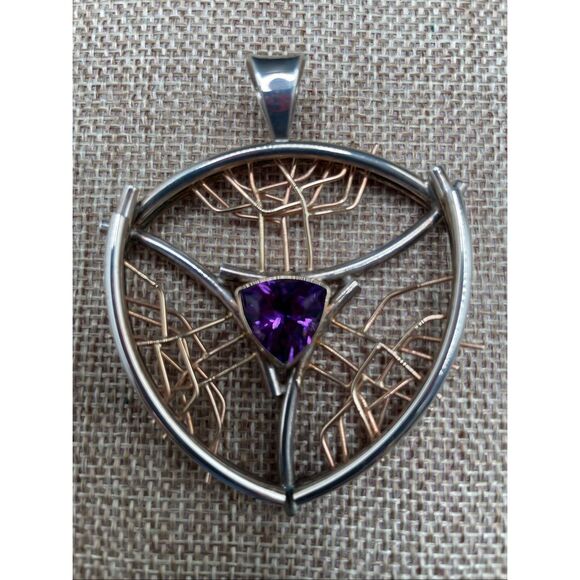 Artisan Sterling Silver & Gold Wire Pendant with Amethyst Trillion Cut Stone - Picture 1 of 5